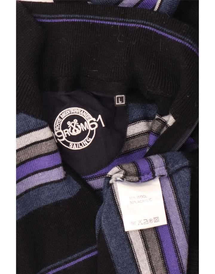 Vintage herre lynlås-hals sweater stor sort stribet uld