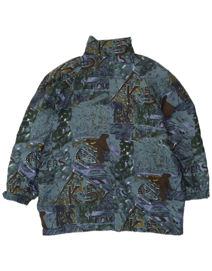 VINTAGE kvinders abstrakt mønster Oversized Windbreaker Coat EU 44 XL Blå