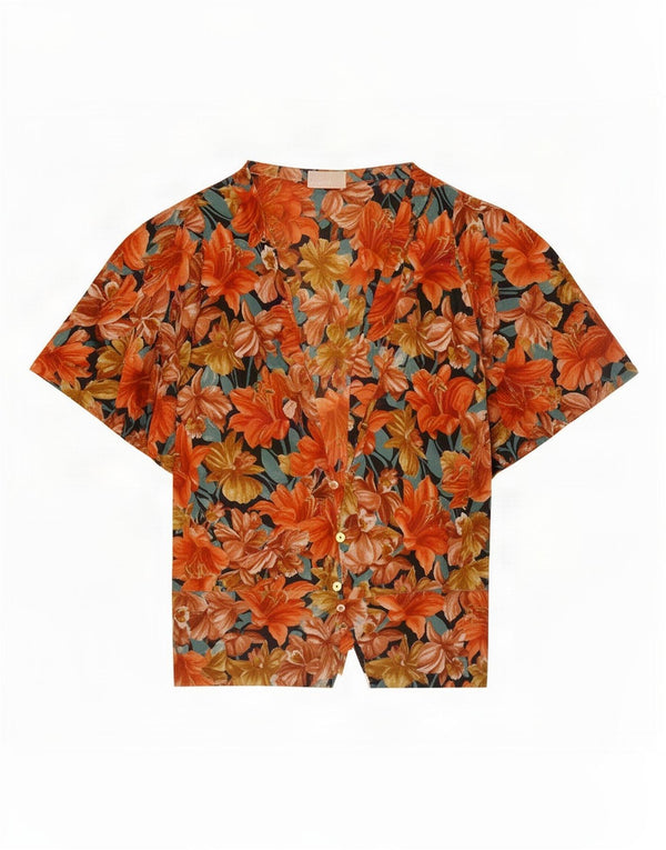 Vintage kvinders kortærmet skjortebluse UK 18 XL Orange Floral