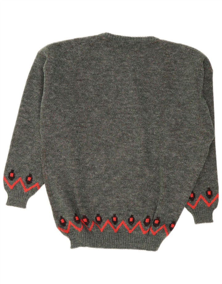 Vintage herre rund hals sweater stor grå geometrisk polyakryl