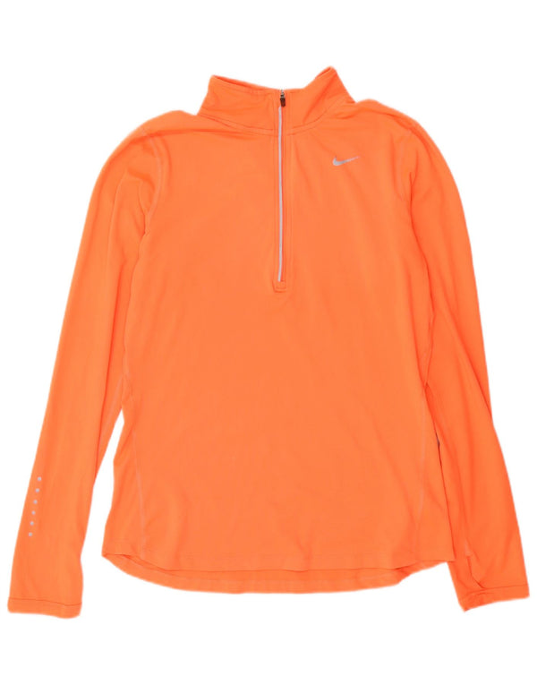 Nike Dame Dri Fit Zip Neck Top Langærmet UK 10 Small Orange Polyester