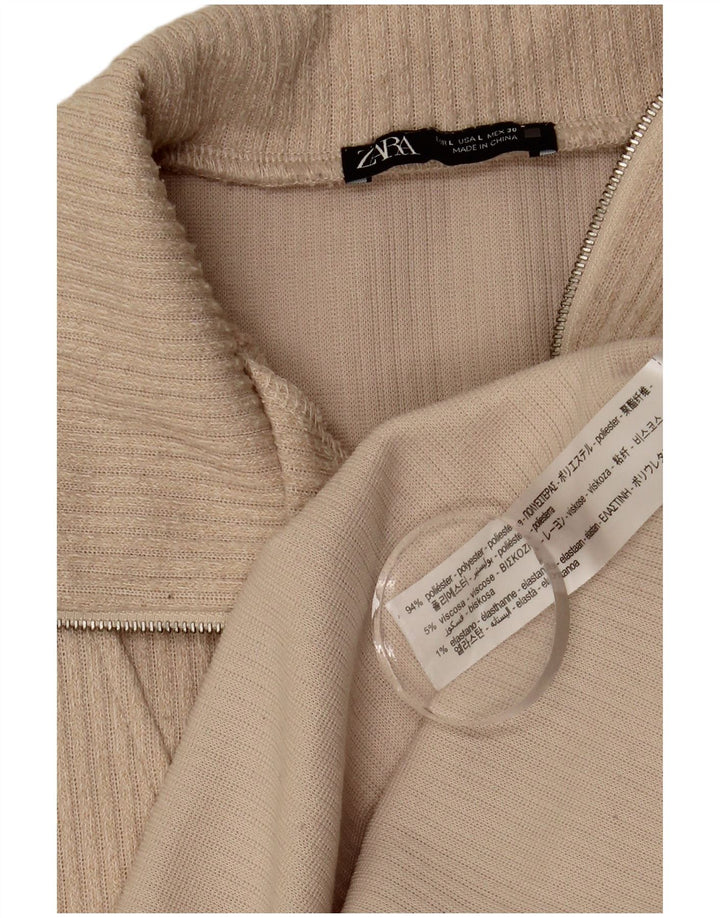 Zara Womens Zip Neck Top Langærmet UK 16 Large Beige Polyester