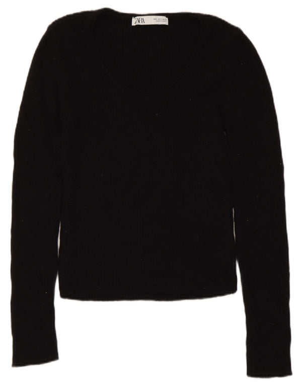 Zara Womens Crop Boat Neck Jumper Sweater UK 8 Small Black Viscose