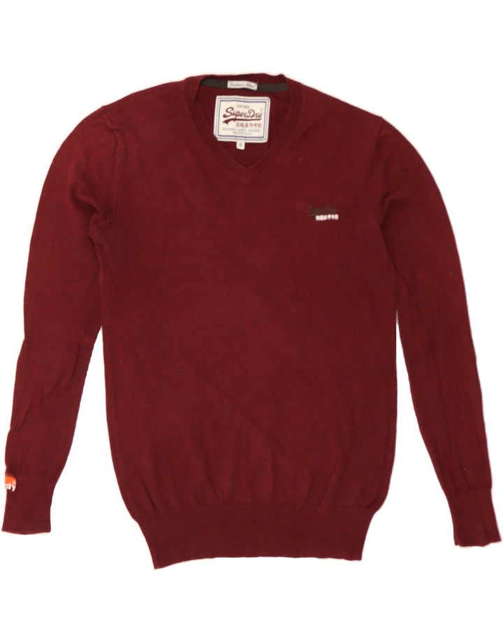 SUPERDRY Mens V-Neck Jumper Sweater Small Burgundy Cotton Vintage Superdry and Second-Hand Superdry from Messina Hembry 