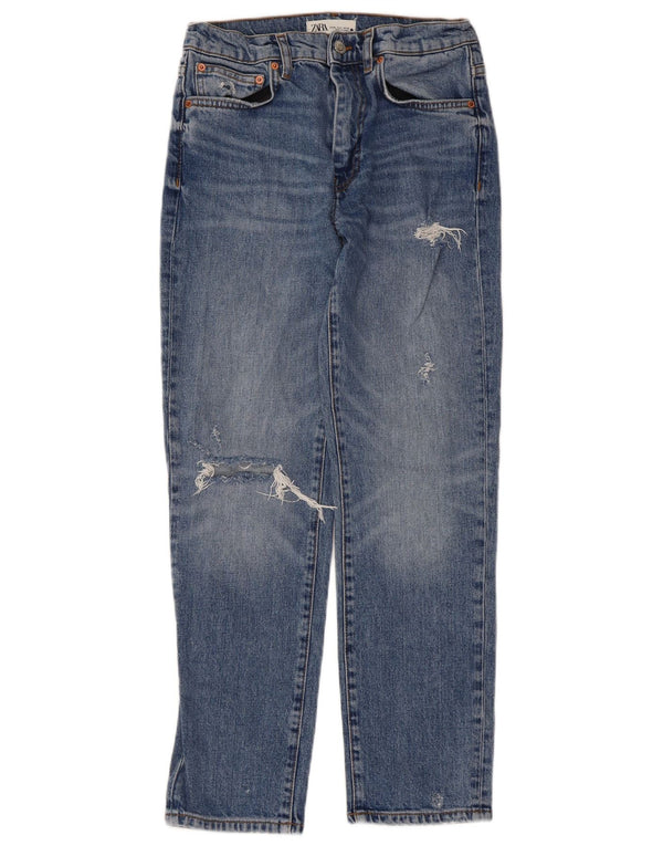Zara Dame Distressed Straight Jeans EU 36 XS W26 L27 Blå