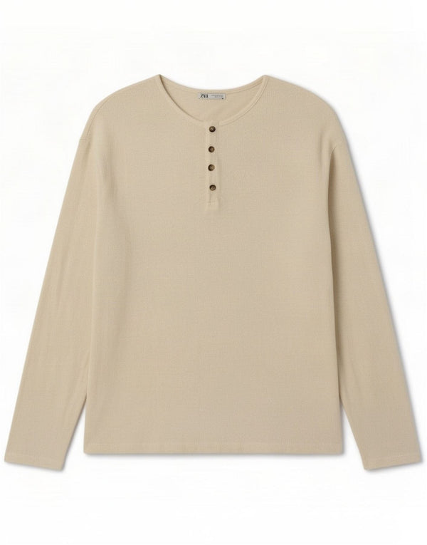 Zara Herre T-shirt Top Langærmet Medium Off White Bomuld Klassisk