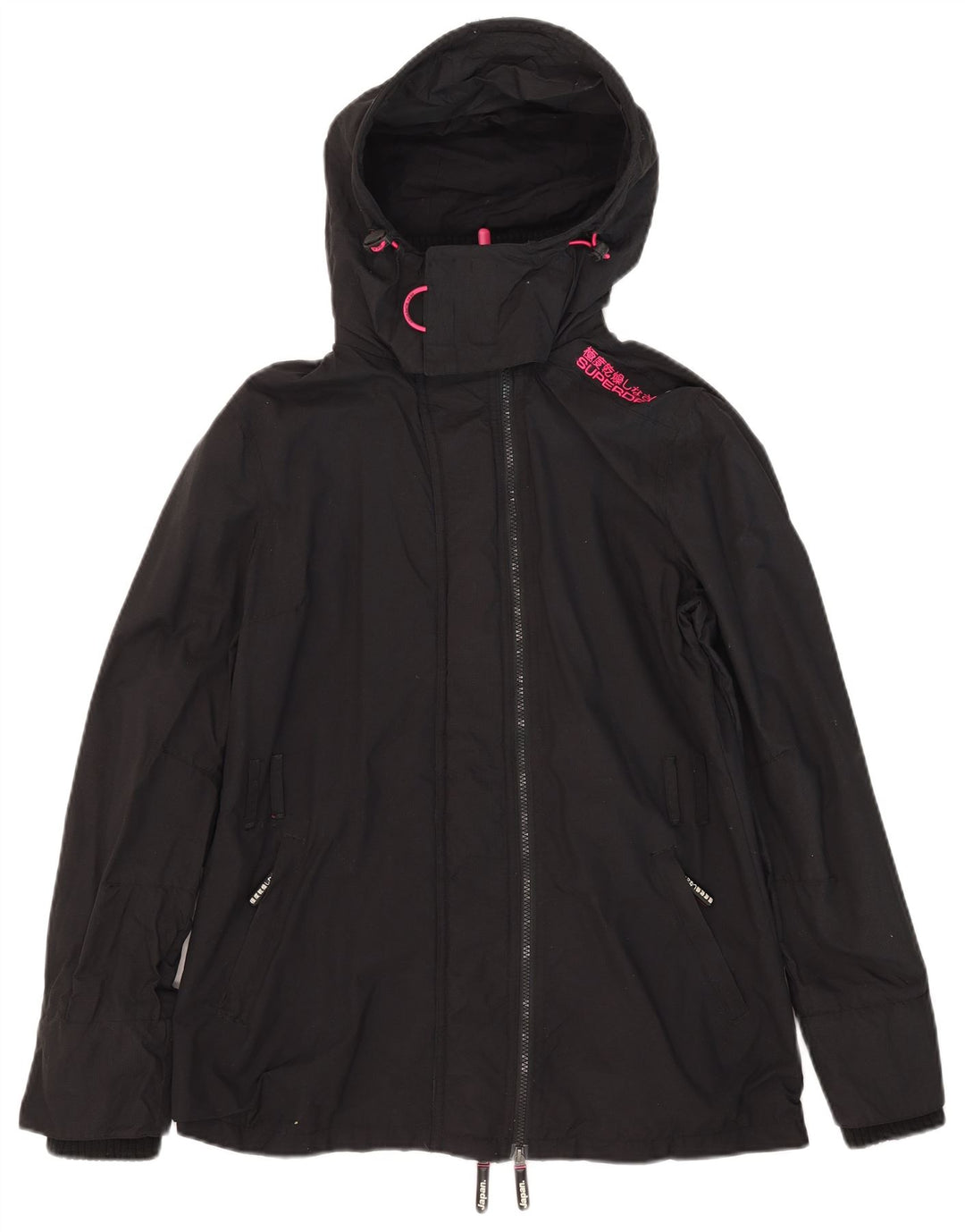 Superdry Windmac Windbreaker Jacket med hætte til kvinder UK 16 Stor sort nylon