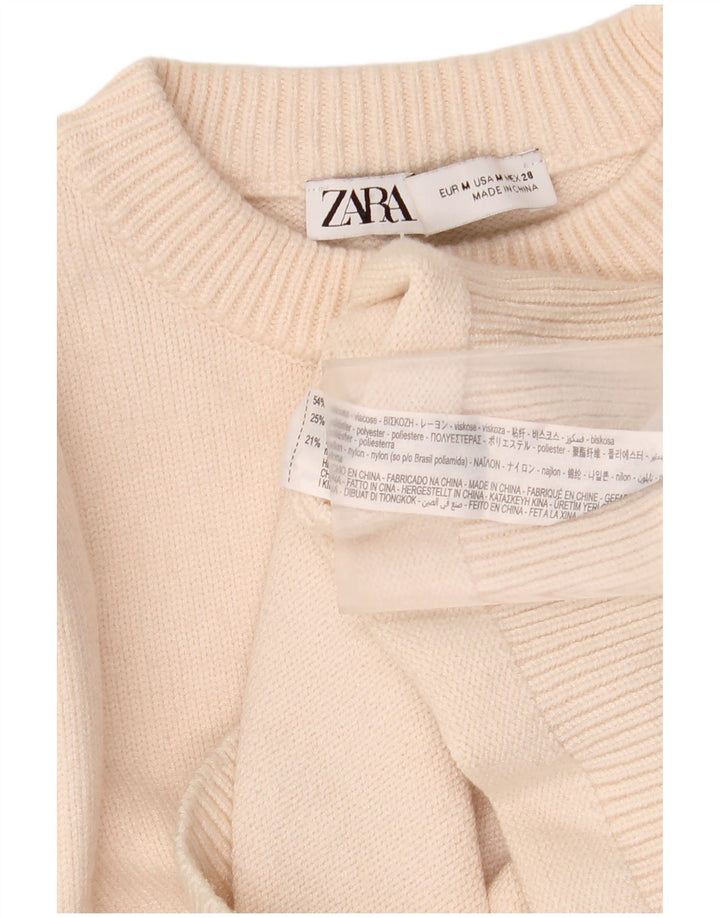Zara Dame Crop Crew Neck Jumper Sweater UK 12 Medium Off White Viscose