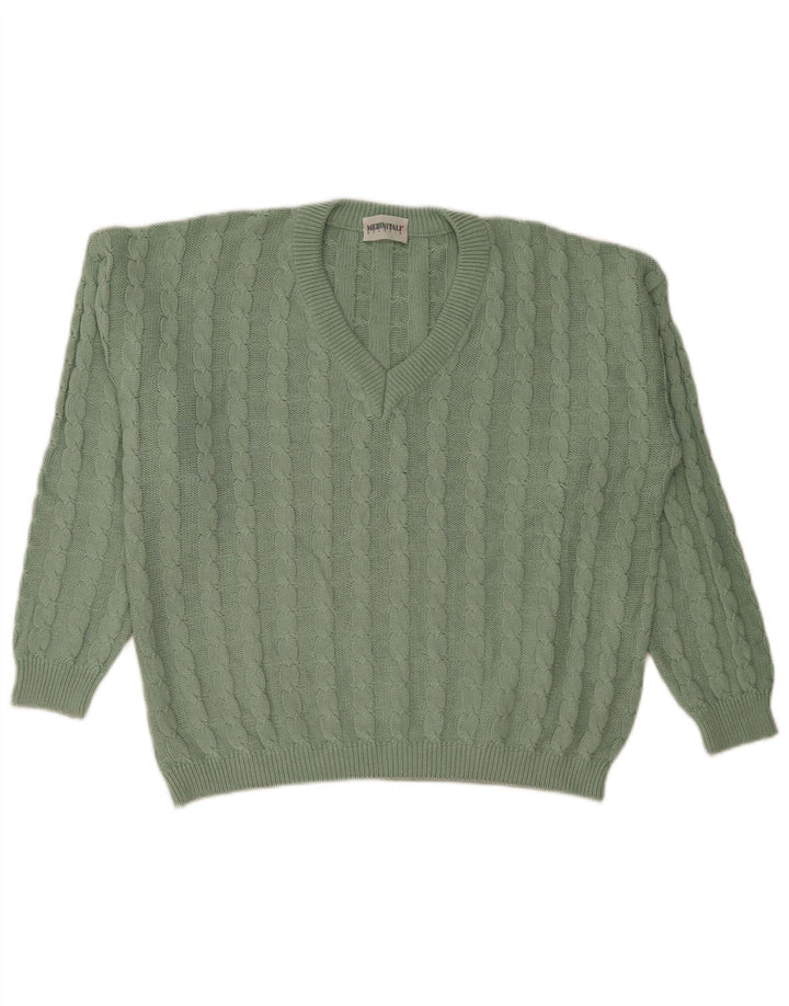 VINTAGE Womens Oversized V-Neck Jumper Sweater UK 14 Medium Green Cotton