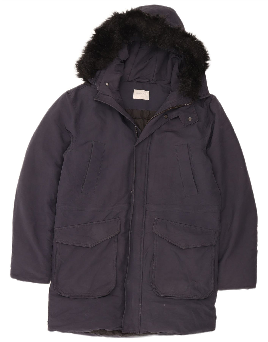 Zara Herre hættepolstret frakke UK 38 Medium Navy Blue Polyester