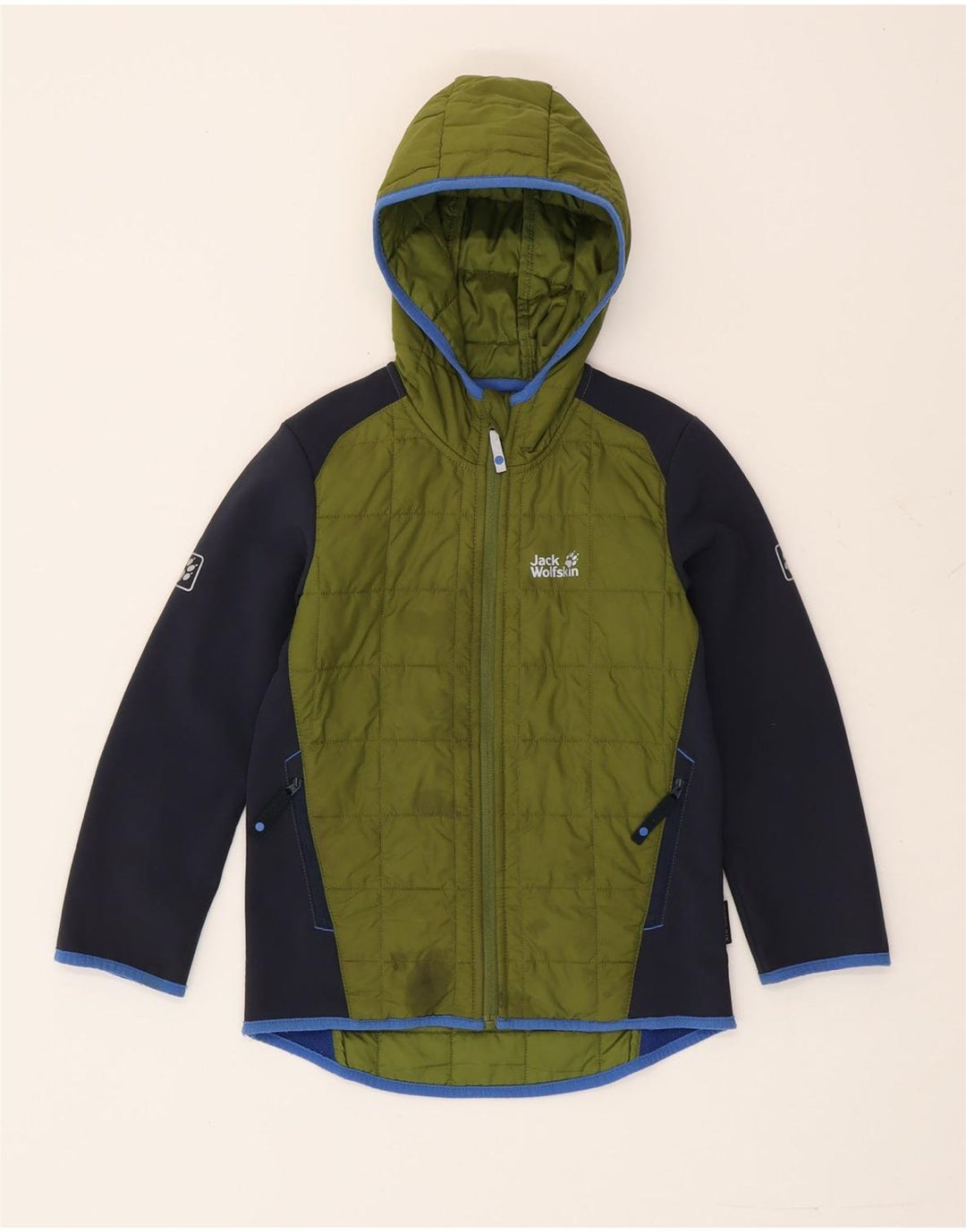 Jack Wolfskin drenge hættepolstret jakke 7-8 år Grøn Colourblock