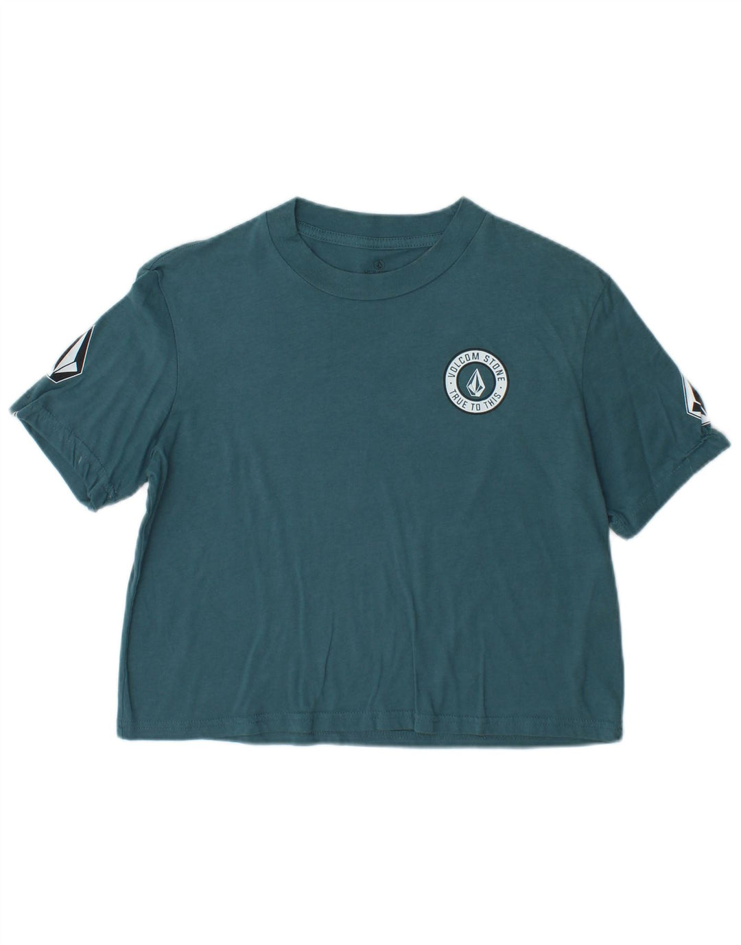 Volcom Womens Loose Fit Crop Grafisk T-Shirt Top Størrelse 4/6 Lille Blå