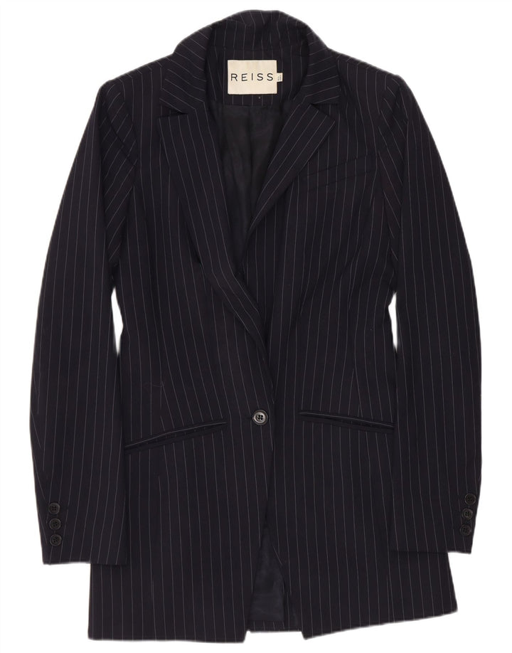 Reiss Dame 1 Knap Blazer Jacket UK 4 XS Navy Blue Pinstripe Polyester