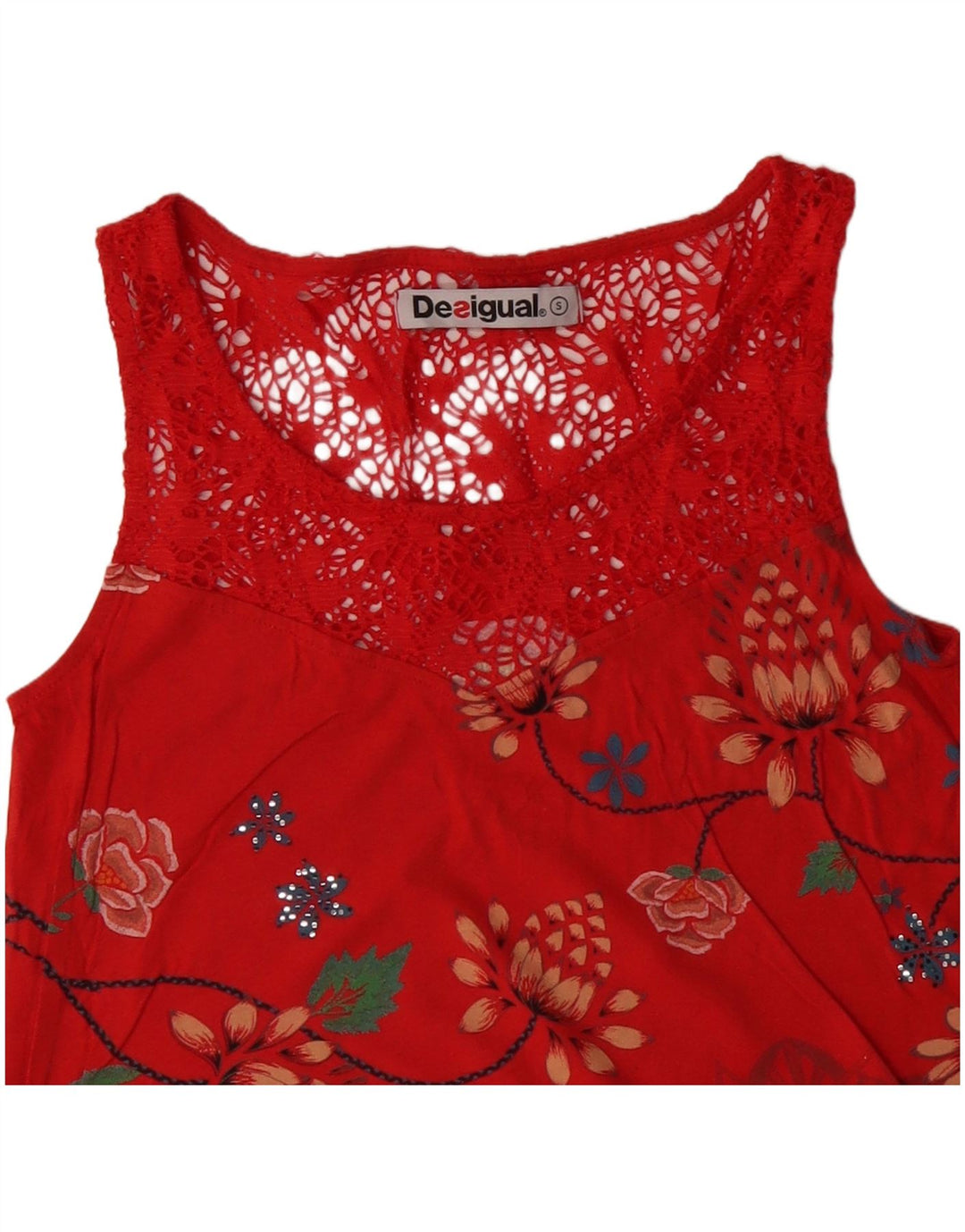 DESIGUAL Dame ærmeløs bluse Top UK 10 Små røde blomster bomuld
