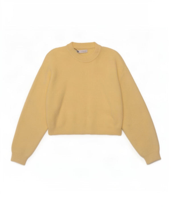Zara Womens Crop Crew Neck Jumper Sweater UK 14 Medium Yellow Nylon