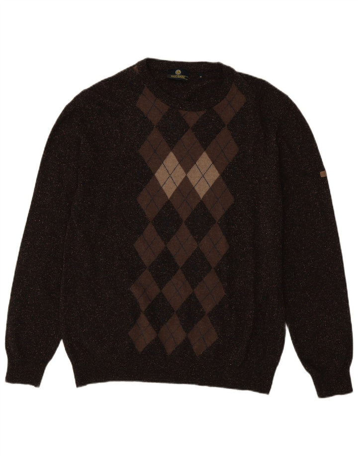 Navigare sweater med rund hals til mænd Medium Brun Argyle/Diamond Wool