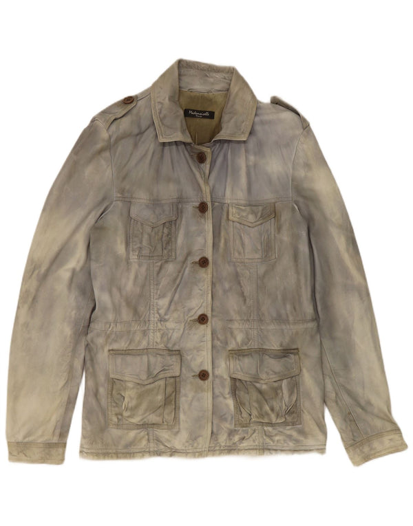 Vintage Dame Military Acid Wash Læderjakke UK 14 Large Grey