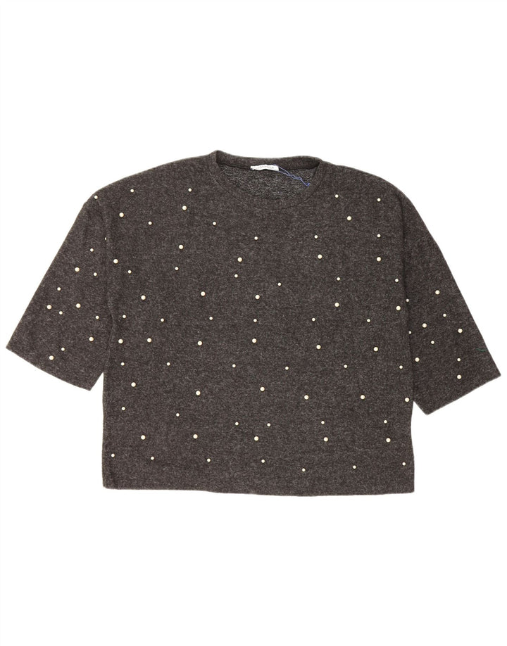 Zara Dame Loose Fit T-Shirt Top UK 14 Medium Grey Spotted Polyester