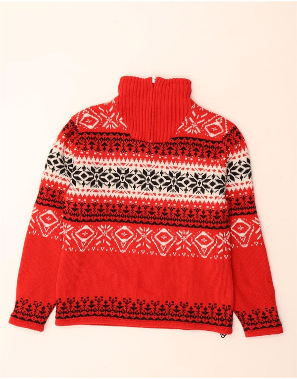 VINTAGE trøje med lynlås til kvinder UK 14 Medium Red Fair Isle Wool