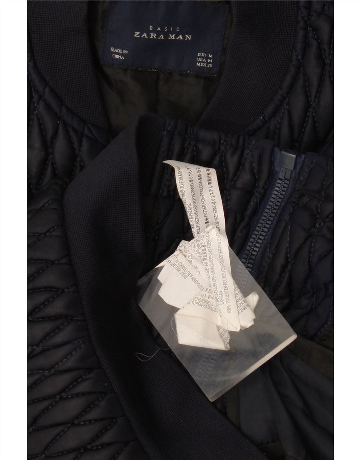 Zara Herre Bomber Quilted Jacket UK 38 Medium Navy Blue Polyester