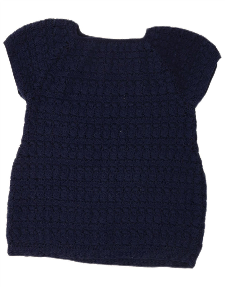 Vintage dame strikbluse Top UK 12 Medium Navy Blue