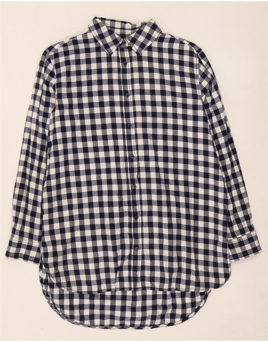 Benetton Dame Longline Flannel Shirt UK 10 Small Navy Blue Gingham