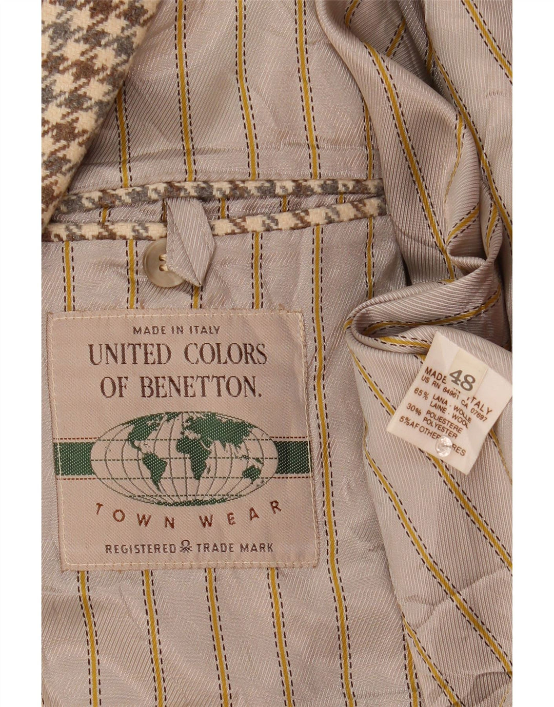 Benetton Herre 2-knaps blazerjakke IT 48 Medium Beige Houndstooth Uld