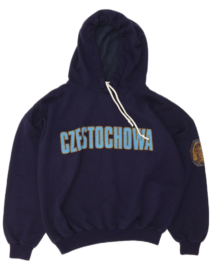 Vintage Kvinders Grafisk Oversized Hoodie Jumper UK 14 Medium Navy Blue