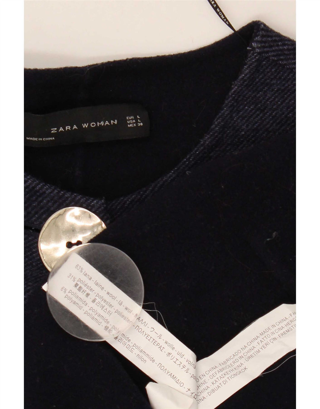 Zara Dame 3/4 Ærmet Oversized Overfrakke UK 16 Stor Marineblå Uld
