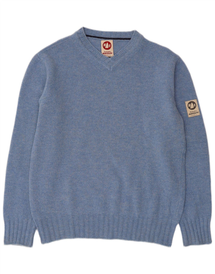 Murphy & Nye Herre V-hals trøje Sweater Large Blue Colourblock Uld
