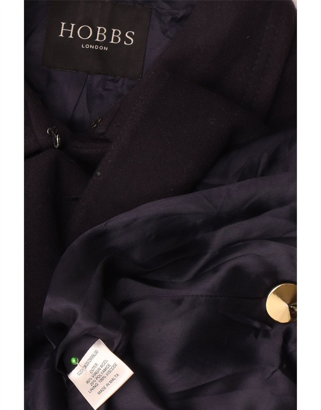 Hobbs Dame Dobbeltradet Frakke UK 10 Small Navy Blue Virgin Wool