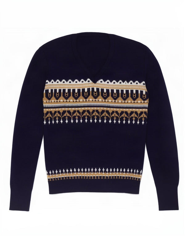 Vintage Dame V-hals sweater UK 12 Medium Navy Blue Fair Isle