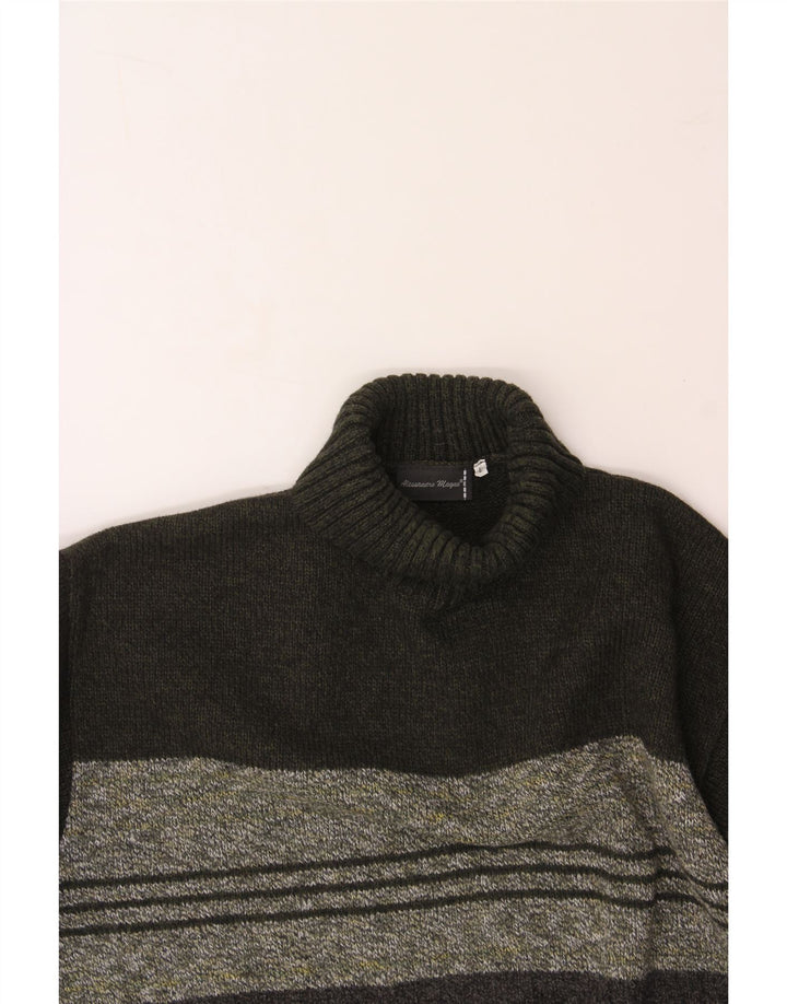 VINTAGE Herre rullehals sweater stor kaki stribet akryl