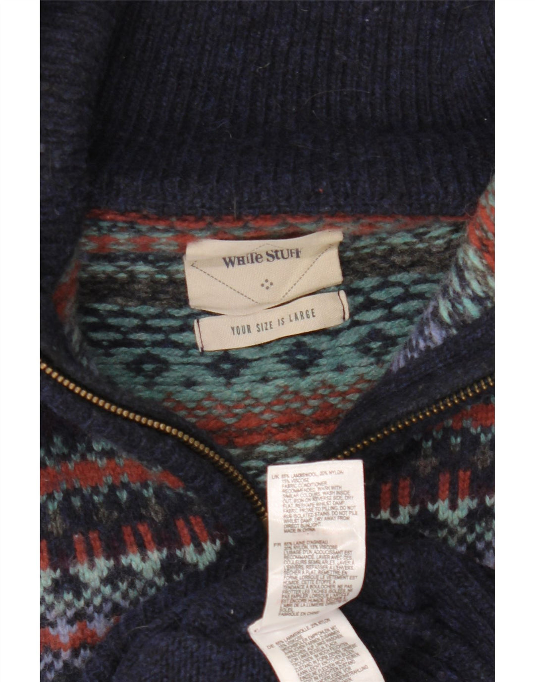 White Stuff Herre Polo Neck Jumper Sweater Large Navy Blue Fair Isle Wool