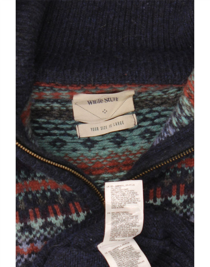 White Stuff Herre Polo Neck Jumper Sweater Large Navy Blue Fair Isle Wool