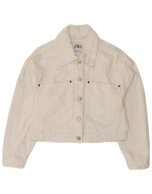 Zara Womens Crop Oversized denimjakke UK 6 XS Hvid Bomuld