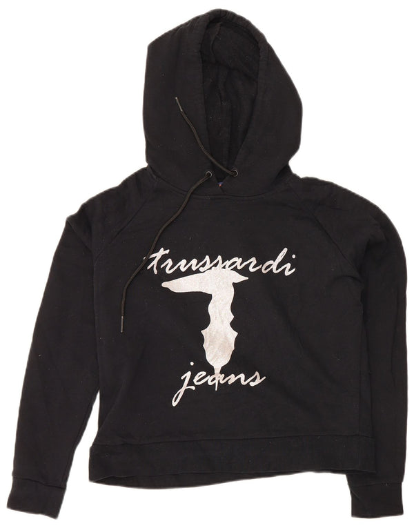 Trussardi Jeans Dame Oversized Crop Grafisk Hoodie Jumper UK 6 XS Sort