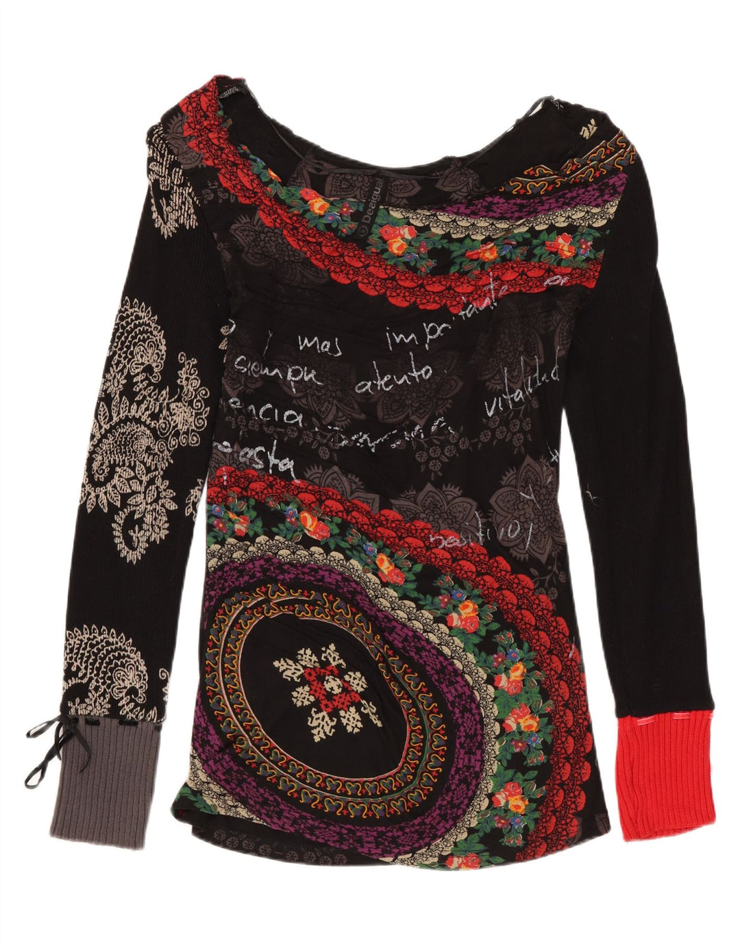 DESIGUAL Dame Grafisk Top Langærmet UK 12 Medium Sort Blomster Bomuld