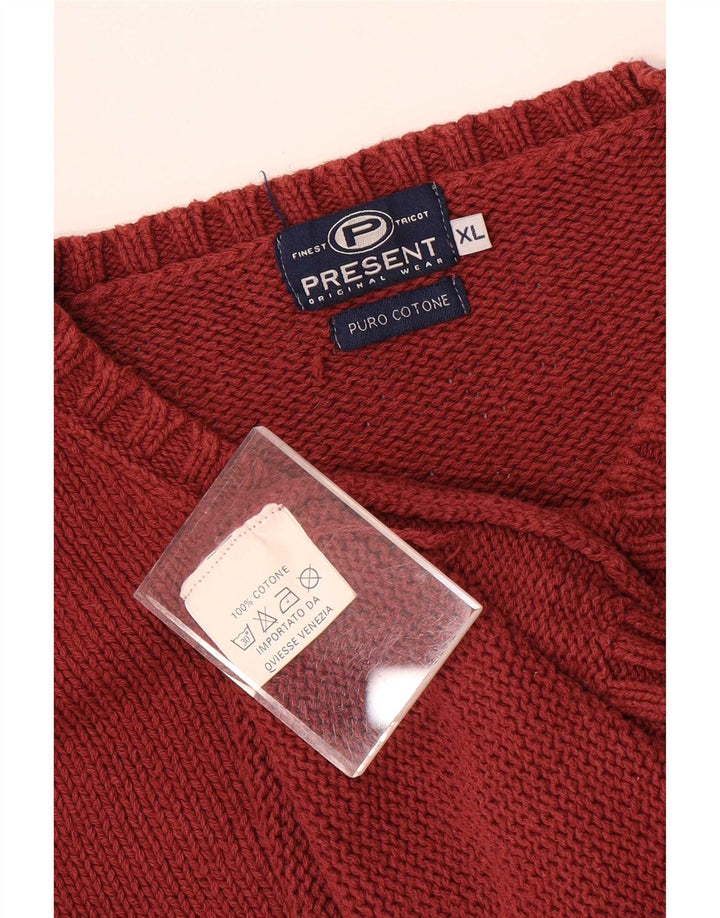 Vintage herre V-hals sweater XL rødbrun bomuld
