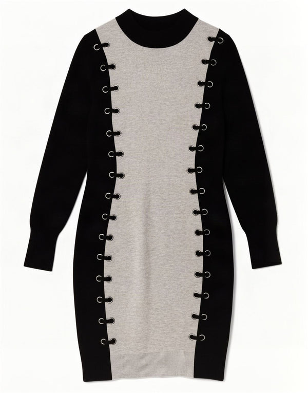 Karen Millen Womens Long Sleeve Jumper Dress UK 12 Medium Black Colourblock
