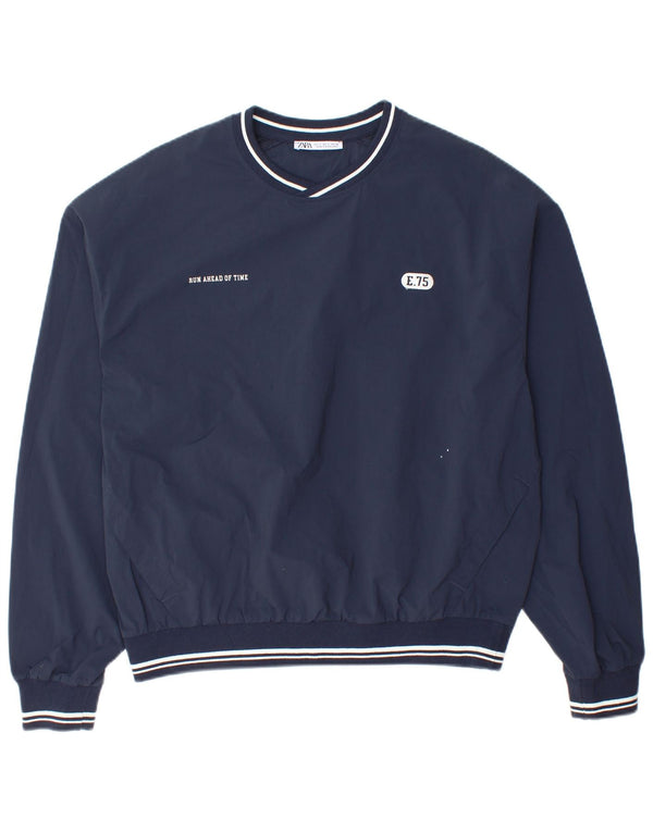 Zara Herre New York Grafisk Loose Fit Pullover Træningsdragt Top Small Navy Blue