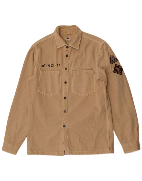 Zara Mens Graphic Relaxed Fit Shirt Medium Beige Cotton