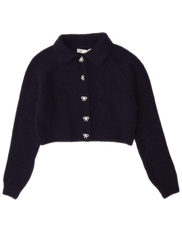 Zara Womens Crop Cardigan Sweater UK 10 Small Navy Blue Acryl