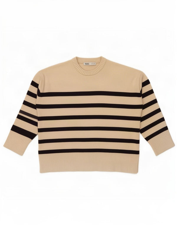 Zara Dame Oversized Crew Neck Jumper Sweater UK 16 Stor Beige Stribet