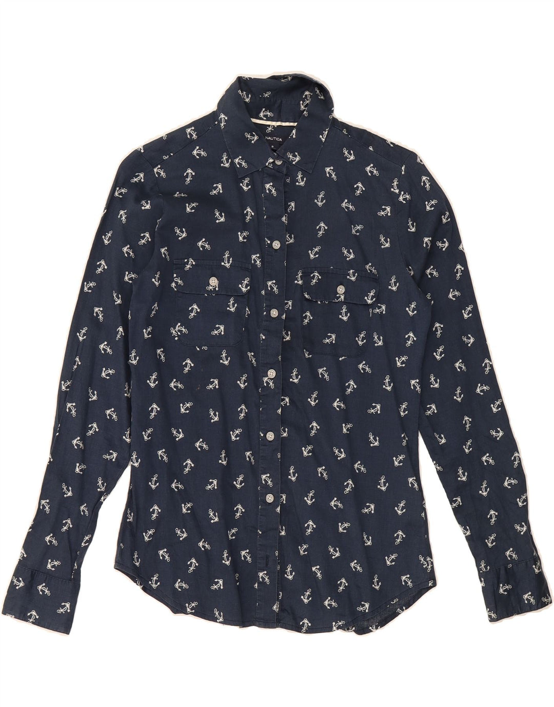 NAUTICA Womens Abstract Pattern Shirt US 2 XS Navy Blue Cotton Vintage Nautica and Second-Hand Nautica from Messina Hembry 