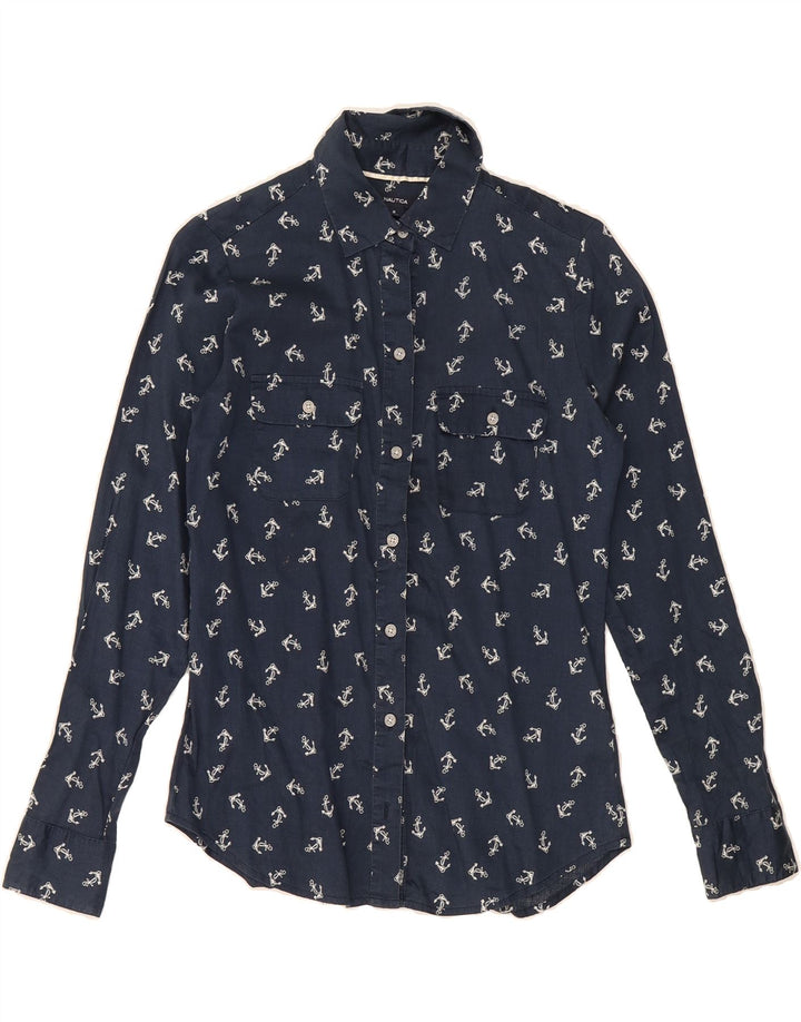 NAUTICA Womens Abstract Pattern Shirt US 2 XS Navy Blue Cotton Vintage Nautica and Second-Hand Nautica from Messina Hembry 