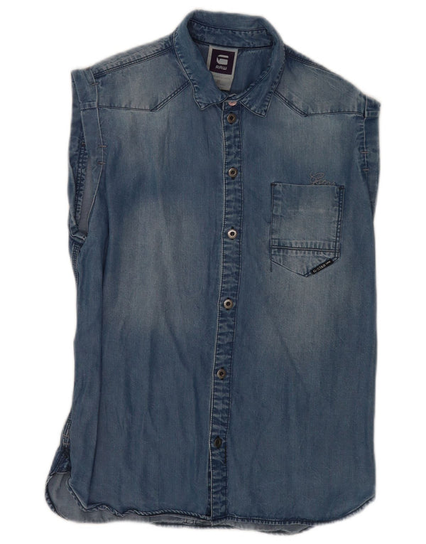 G-Star Dame ærmeløs denim skjorte UK 14 Medium Blue Lyocell