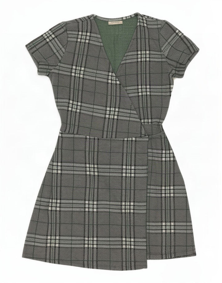 Zara Kvinde slå-om-kjole UK 14 Stor Grøn Plaid Polyester