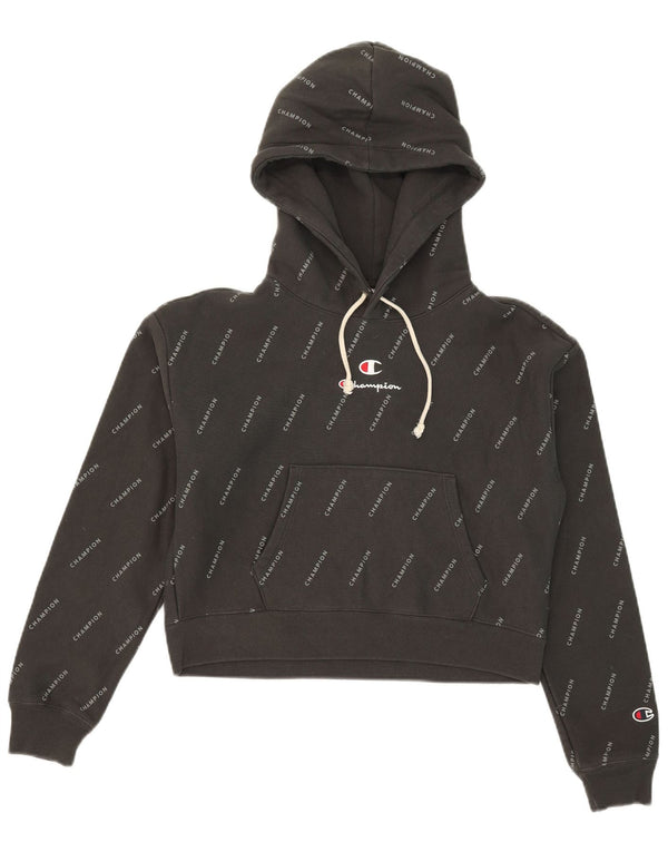 Champion Womens Crop Graphic Hoodie Jumper UK 14 Medium Black Cotton