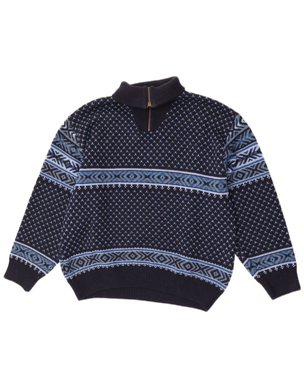 Vintage Herre Zip Neck Jumper Sweater Large Navy Blue Fair Isle Merino Wool